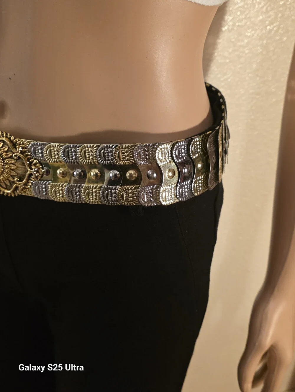 Vintage Ornate Mixed Metal Elastic Stretch Belt - Gold & Silver Filigree